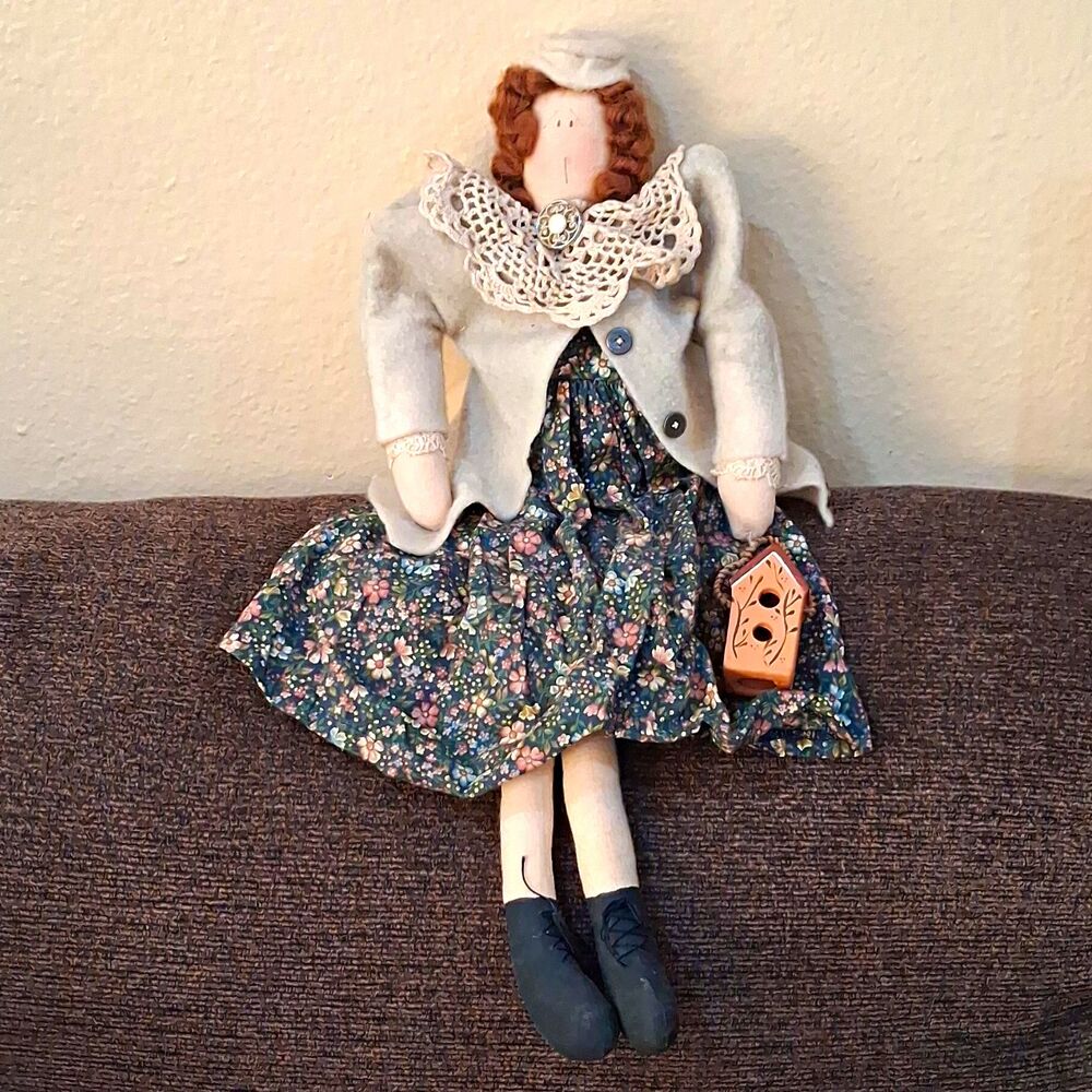 Vintage Handmade Doll, Eloise & Co. Red Hair Floral Dress Birdcage Birdhouse